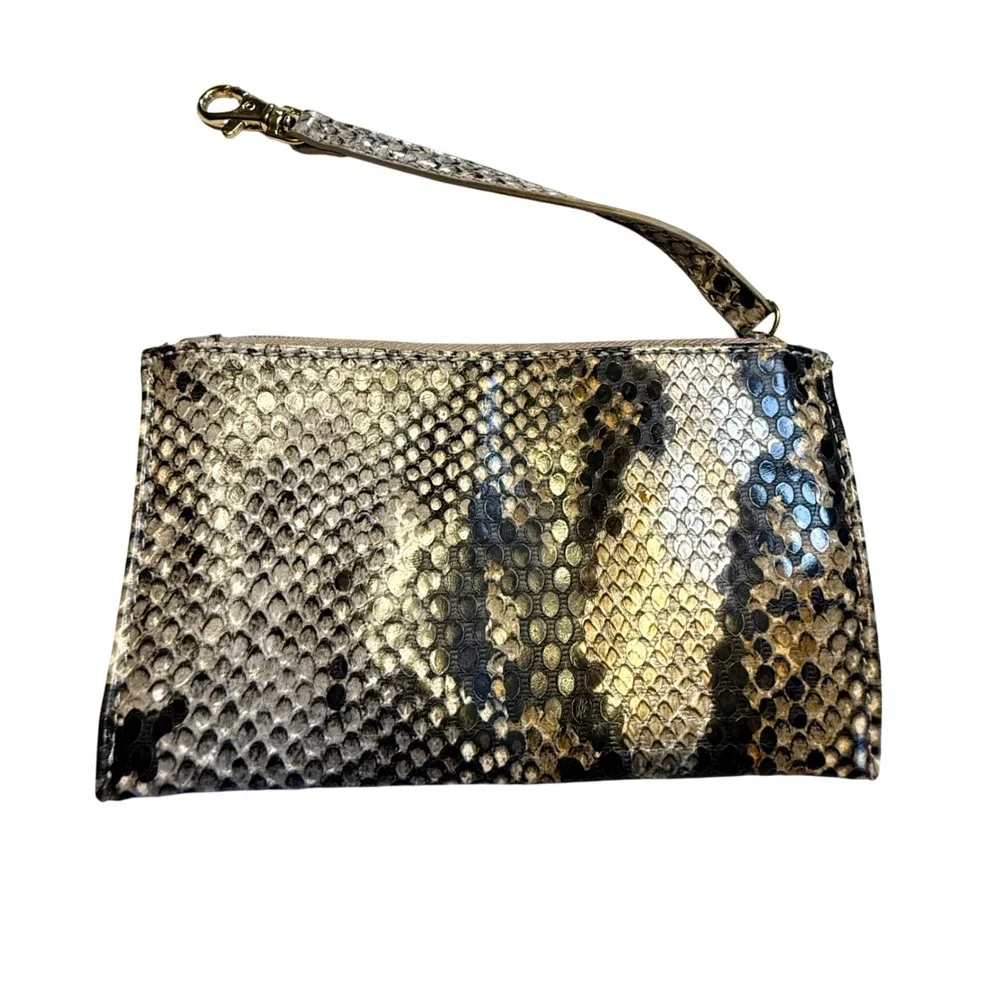 Liz Claiborne Snakeskin Print Wristlet Pouch Clutch Bag Gold Tone‎ Hardware